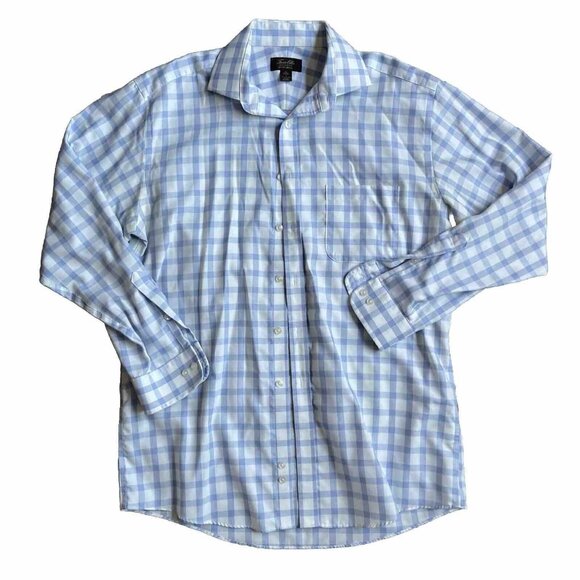 Tasso Elba Shirt‎ Mens L 16 Blue Checkered Button Up Long Sleeve 34/35 Cotton - Picture 1 of 5